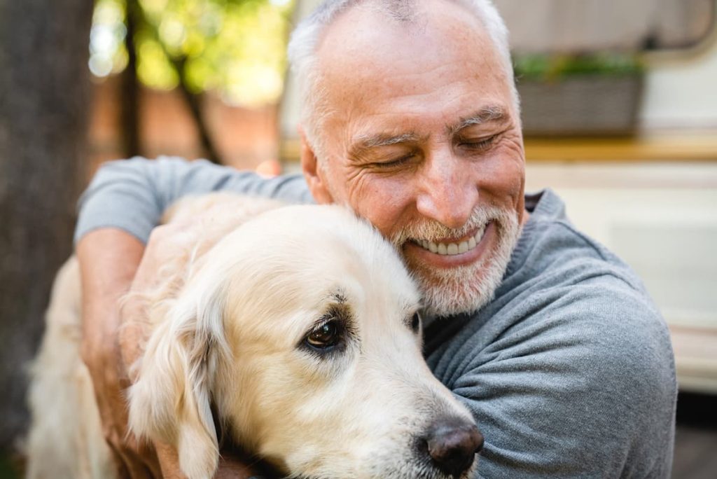 Timid older light tan large dog being hugged by new adoptive parent.