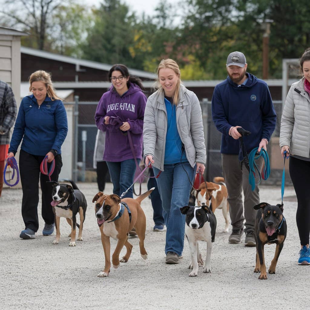 Group of volunteers walking shelter dogs